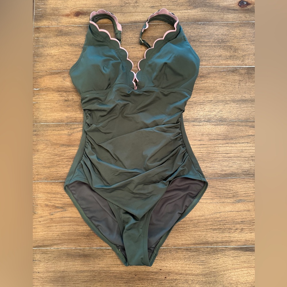 Kate Spade Olive Green and Pink One-Piece Swimsuit with Scalloped V-Neck. Size S
